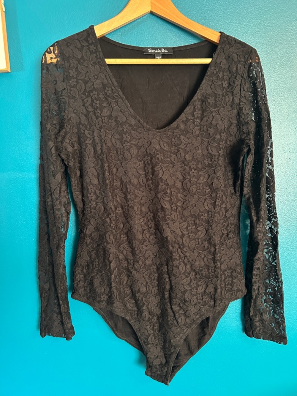 Simply Be Black Lace Long-Sleeve V-Neck Bodysuit